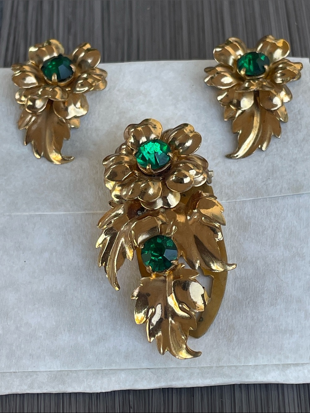 Gold Floral Clip-On Earring and Brooch Set with Emerald Green Stones